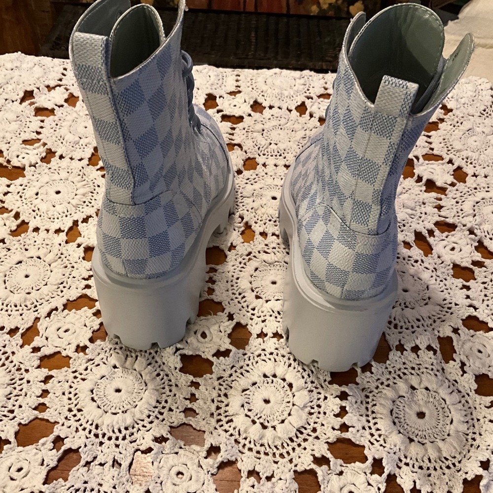 MDT Womens Boots Lug Sole Heel Streetwear Chunky Block Checkered Blue Trendy Y2K - Picture 3 of 5